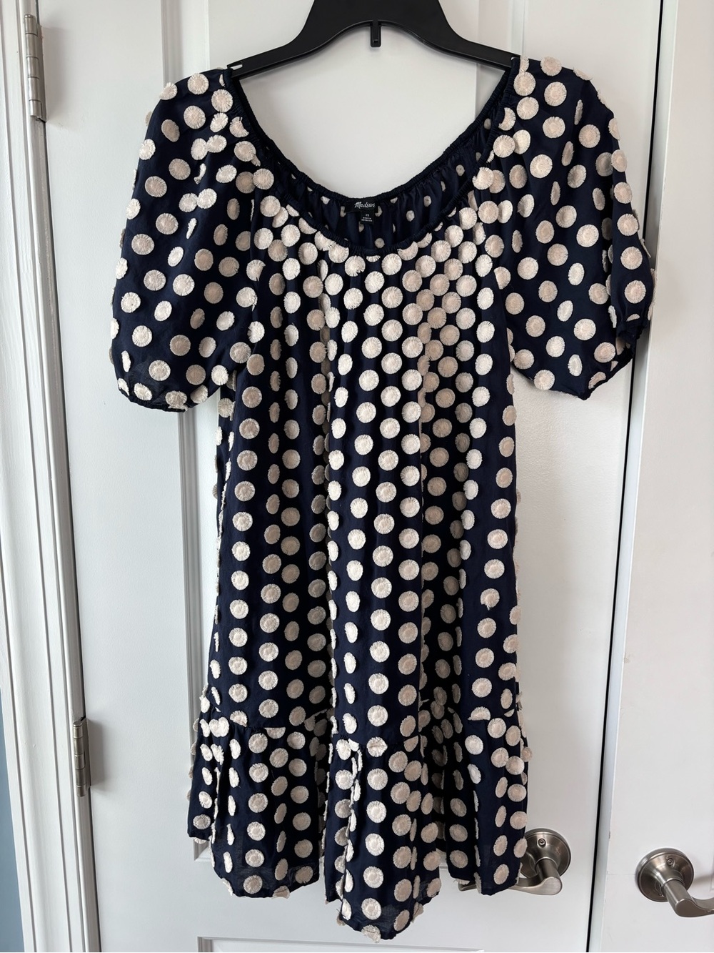 Madewell Shirred Navy & Cream Ruffle-Hem Mini Dress w/Textured Dot Size XS